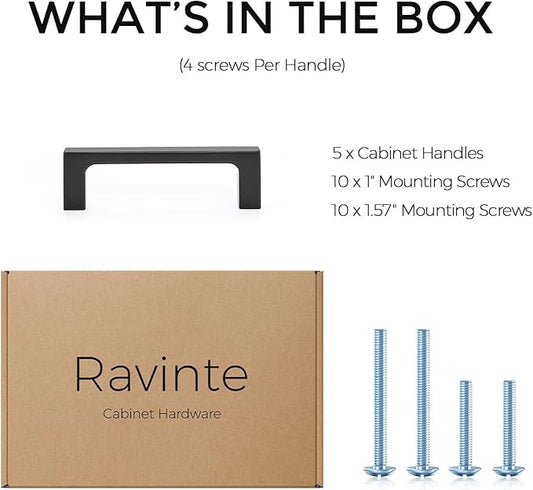 Ravinte 5 Pack 3 Inch Hole Centers Matte Black Cabinet Pulls Handles Solid Drawer Pulls Kitchen Hardware Flat Black Square Bar Drawer Handles