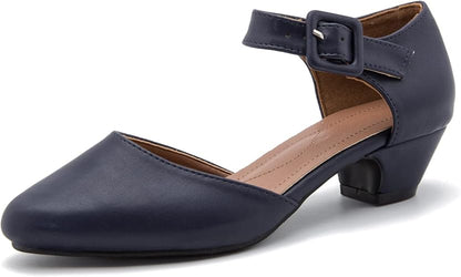 Enelauge Women's Navy Ankle Strap Closed Toe Low Chunky Heel Dress Work Pumps