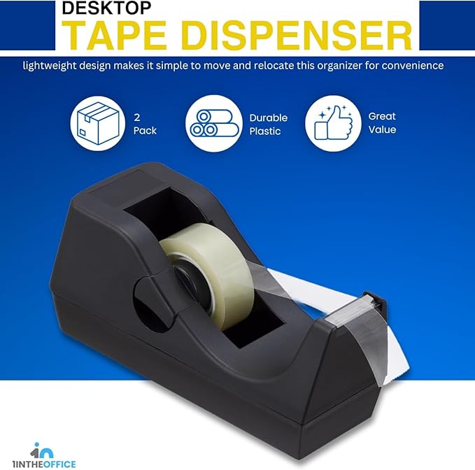 1InTheOffice Desk Tape Dispenser, Black Non-Skid Base Desktop Tape Dispenser Weighted (2 Pack)