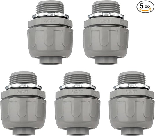 Conduit Connectors, 34 Inch Liquid Tight Connector NPT Non-Metallic for PVC Electrical Flexible Conduit Fittings, 180 Degree Straight, UL Listed for Home Outdoor Tubes Tools, Grey (5-Pack)