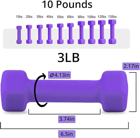 Portzon Weights Dumbbells with Neoprene Coating(Single), 1LB-3LB Anti-Roll, Anti-Slip, Hexagonal Home Fitness Equipment for Shoulder, Neck, and Hand Training for Seniors over 55 old