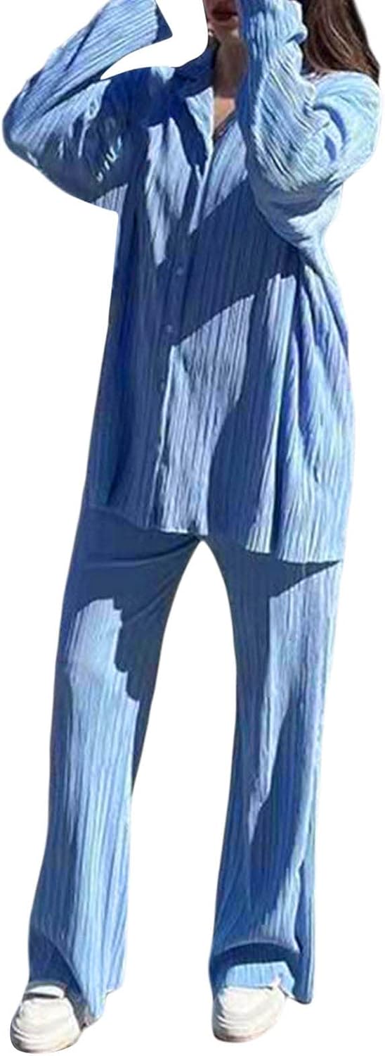 Fuguibadn Women 2 Piece Lounge Outfit Casual Long Sleeve Button Down Shirt Flared Pleated Wide Leg Pants Set Streetwear.