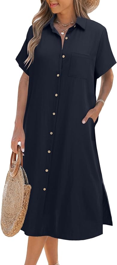 Zeagoo Womens Dress Summer Casual Short Sleeve Button Down Shirt Dresses Beach Cover Up with Pockets