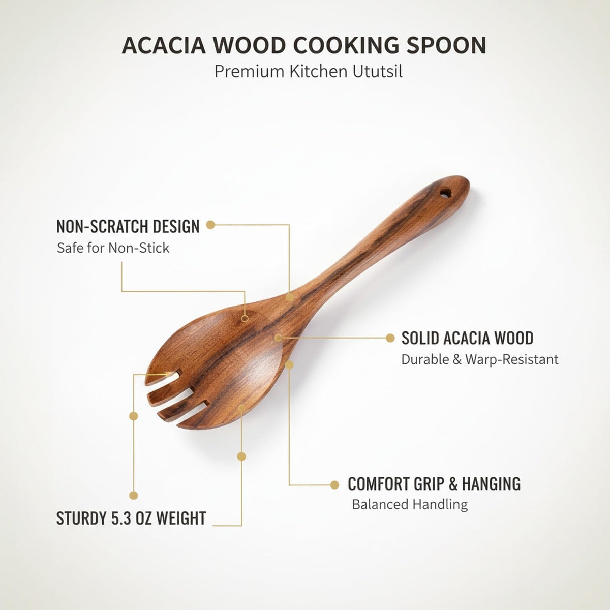 Acacia Wood Cooking Spoon for Non-Stick Cookware, Sturdy Kitchen Utensil for Stirring and Serving (1 PC)