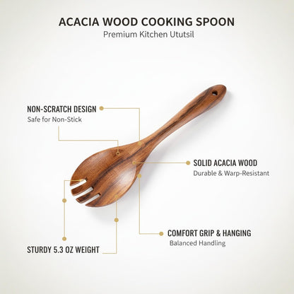 Acacia Wood Cooking Spoon for Non-Stick Cookware, Sturdy Kitchen Utensil for Stirring and Serving (1 PC)