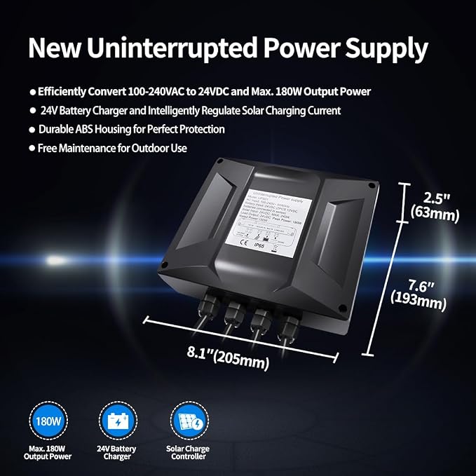 UPS01 Uninterrupted Power Supply Adapter AC 100-240V to DC 24V 150W Transformer Waterproof Converter for Automatic Gate Openers CCTV Security Cameras, Used as Battery Charger Solar Controller