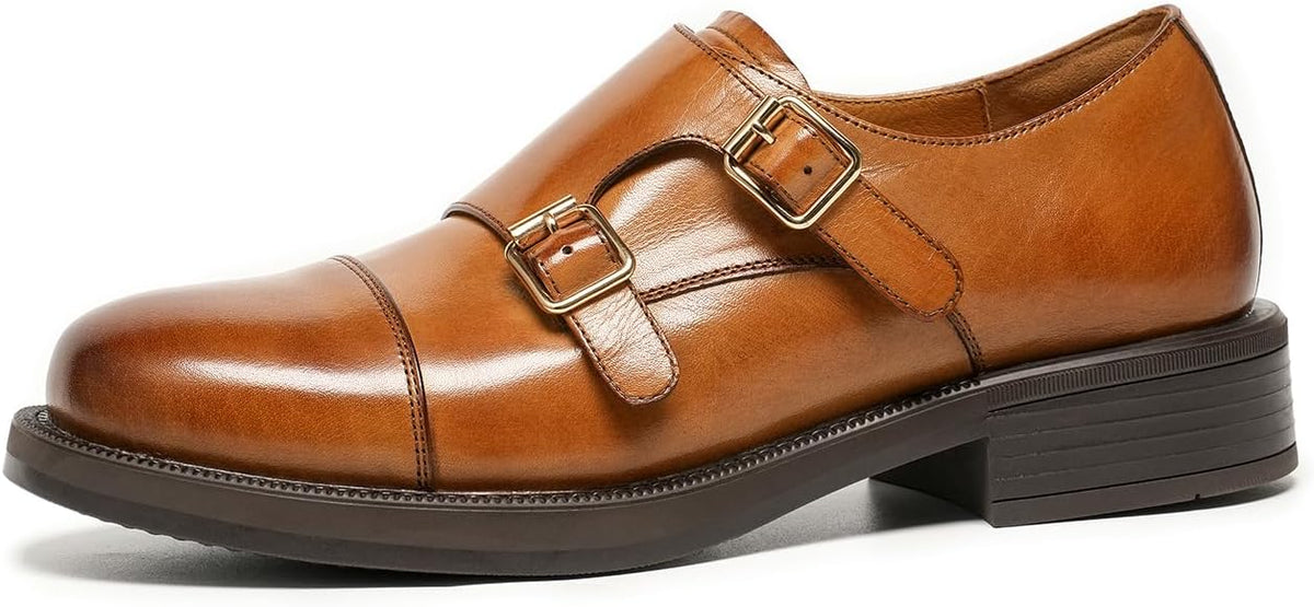 BEAU TODAY Monk Strap Loafers, Womens Leather Loafers, Cap Toe Slip-Ons Waxed Calfskin Loafer Flats for Business Casual Dress Women Shoes