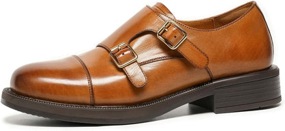 BEAU TODAY Monk Strap Loafers, Womens Leather Loafers, Cap Toe Slip-Ons Waxed Calfskin Loafer Flats for Business Casual Dress Women Shoes