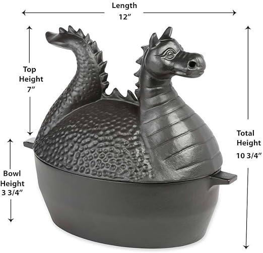 Plow & Hearth Dragon Wood Stove Steamer | Cast Iron | Matte Black | Rust Resistant | Functional Alternative | 2.75 QT Cap | 12.5 L x 7.5 W x 10.75 H