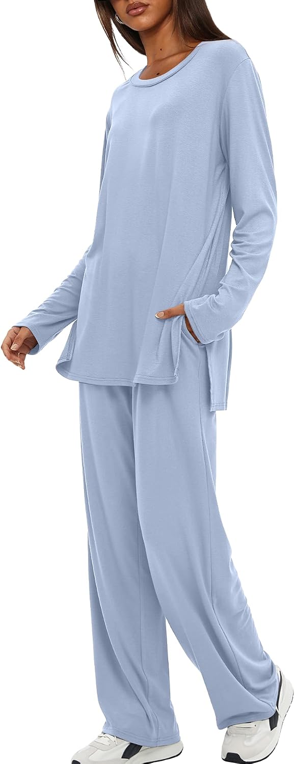 Darong Women's 2 Piece Lounge Set Casual Long Sleeve Crew Neck Tops Wide Leg Pants Travel Airport Outfit Matching Sets