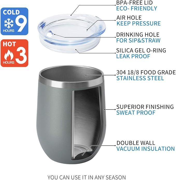 HASLE OUTFITTERS 12oz Wine Tumbler with Lid Stemless Wine Glasses Double Wall Vacuum Travel Mugs stainless steel Coffee Cup for Cold & Hot Drinks Wine Coffee Cocktails Beer (12oz-Grey, 1 Pack)