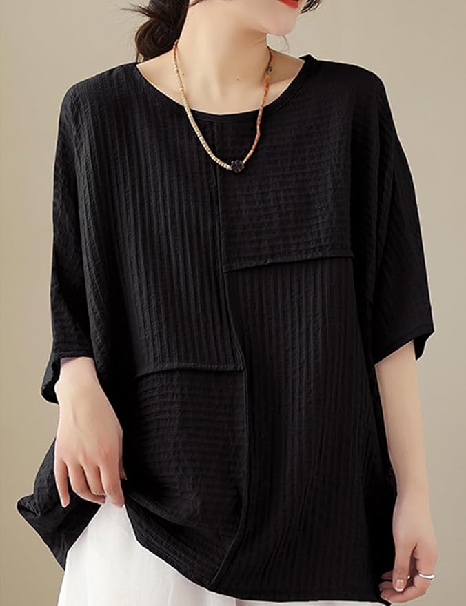Women's Loose Cotton Linen T-Shirt Short Sleeve Tops Round Neck Bat Shirt Solid Colour Shirt