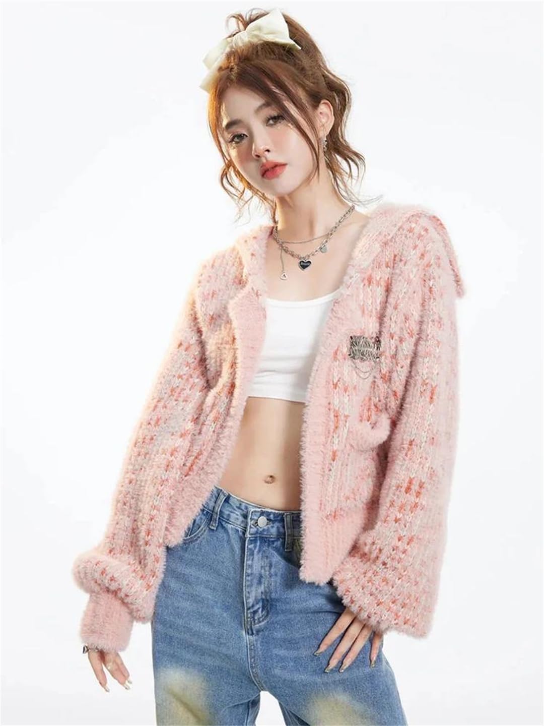 Women Knitted Cardigan Loose Lazy Wind Sailor Collar Sweaters Textured Patchwork Tops