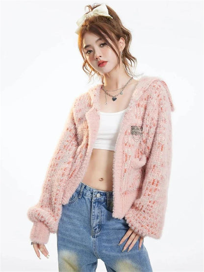 Women Knitted Cardigan Loose Lazy Wind Sailor Collar Sweaters Textured Patchwork Tops
