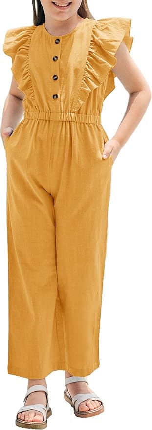 GAMISOTE Girls Wide Leg Jumpsuit Cotton Sleeveless Button Up Ruffle One Piece Rompers