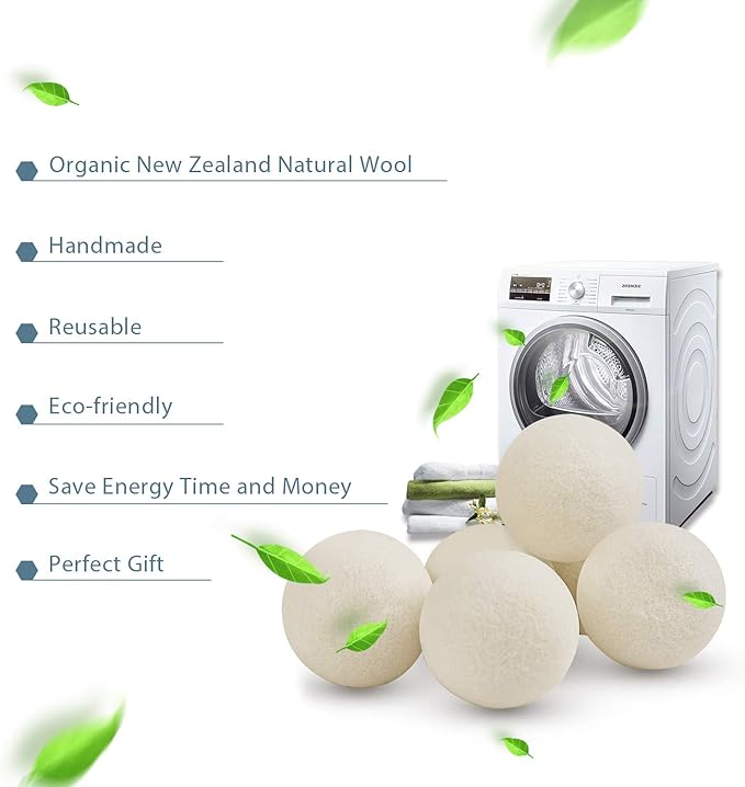 Wool Dryer Balls 6-Pack XL Laundry Dryer Balls Reusable Natural Fabric Softener New Zealand Organic Wool Handmade Reduce Wrinkles & Shorten Drying Time by WANTELL (White, XL)
