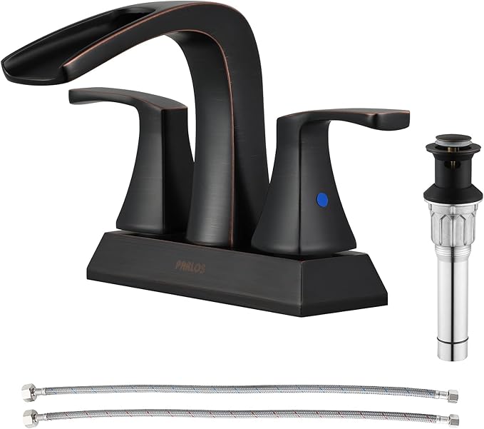PARLOS Waterfall Spout 2 Handles Bathroom Faucet with Metal Pop-up Drain and Faucet Supply Lines, Oil Rubbed Bronze, Doris 14069