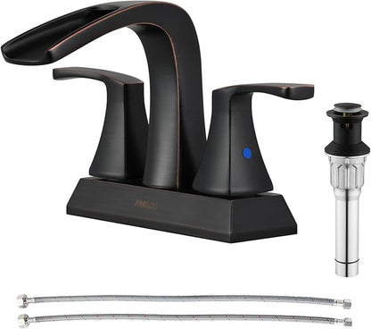 PARLOS Waterfall Spout 2 Handles Bathroom Faucet with Metal Pop-up Drain and Faucet Supply Lines, Oil Rubbed Bronze, Doris 14069
