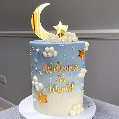 12PCS Moon Star Cake Toppers,Acrylic Mirror Gold"Welcome To The World"Baby Shower Cake Decorations for Over the Moon Baby Shower Wedding Birthday Party