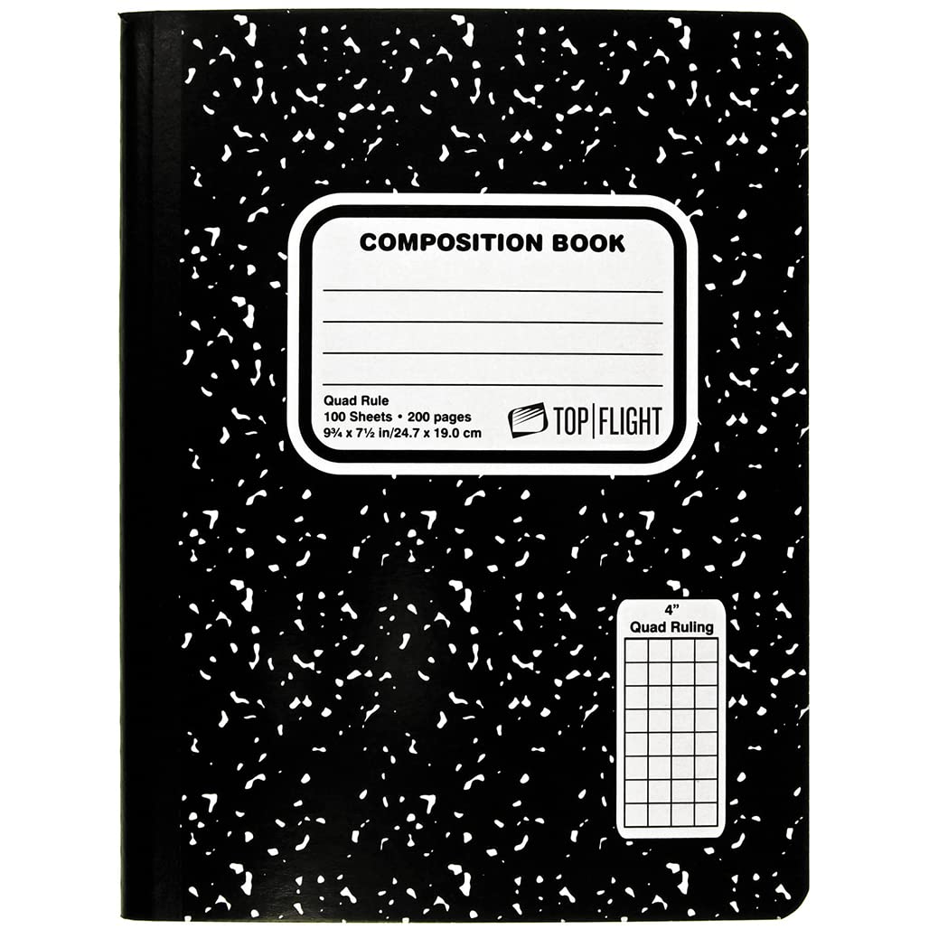 Top Flight Sewn Marble Composition Book, Black/White, Quad Rule, 4 Squares per Inch, 9.75 x 7.5 Inches, 200 Sheets