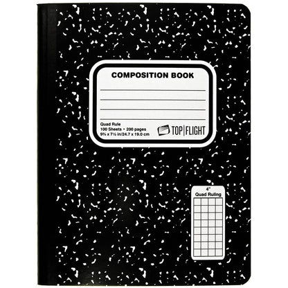Top Flight Sewn Marble Composition Book, Black/White, Quad Rule, 4 Squares per Inch, 9.75 x 7.5 Inches, 200 Sheets