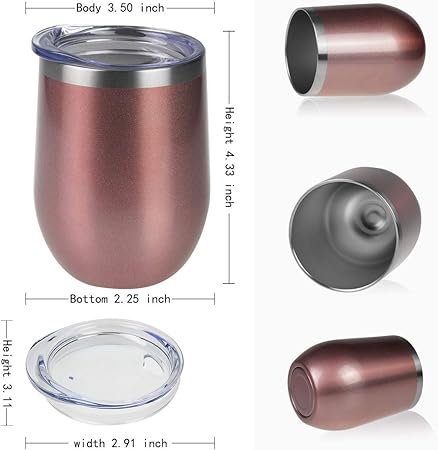 Wine Tumbler - 12 oz Stainless Steel Tumbler with Lid,Stemless Double Wall Vacuum Insulated Travel Cup for Wine,Coffee,Cocktails(Rose Gold,2 Pack)