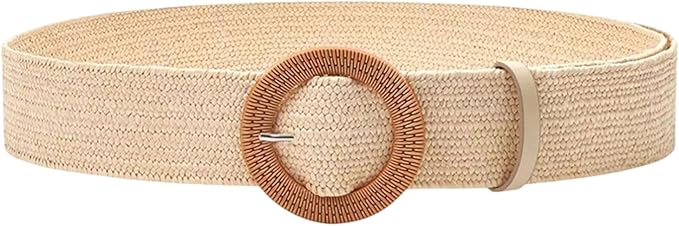 Women Straw Woven Elastic Waist Belt Rattan Waistband Skinny Braided Dress Belt with Wooden Style Buckle