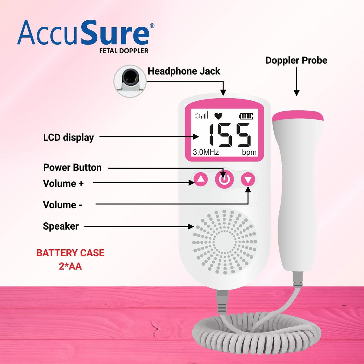 AccuSure Fetal Doppler Heart Rate Monitor, Headphone Jack Built in Speaker - (White and Pink).