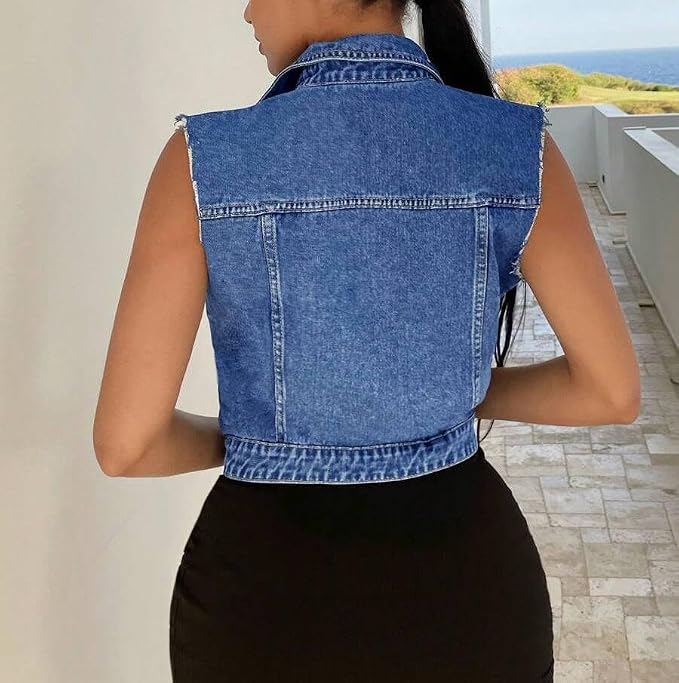 Women's Cropped Denim Vest Top Button Down Sleeveless Jean Jacket Waistcoat Gilet with Pockets