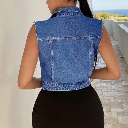 Women's Cropped Denim Vest Top Button Down Sleeveless Jean Jacket Waistcoat Gilet with Pockets