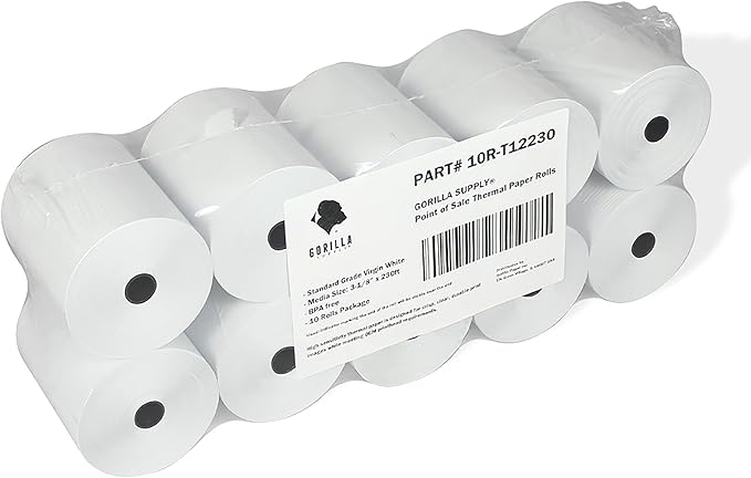 (10) Gorilla Supply 55gsm 3 18 x 230 Thermal Paper Receipt Roll Clover Station Solo Duo TM-T88 T20 T90 Bixolon SRP-350 370, 3.125 x 230 ft Cash Register Paper, BPA Free, 10 Rolls