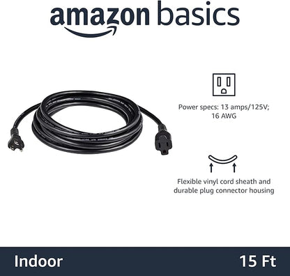 Basics Extension Cord, 15 Ft, 3 Prong Outlet Extender, Indoor Extension Cord, 13 Amps, 125V, Black