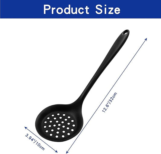BokWin 1 Pcs Round Slotted Spoon Heat Resistant Silicone Strainer Spoon Non Stick Skimmer Spoon for Cooking Vegetable(Black)