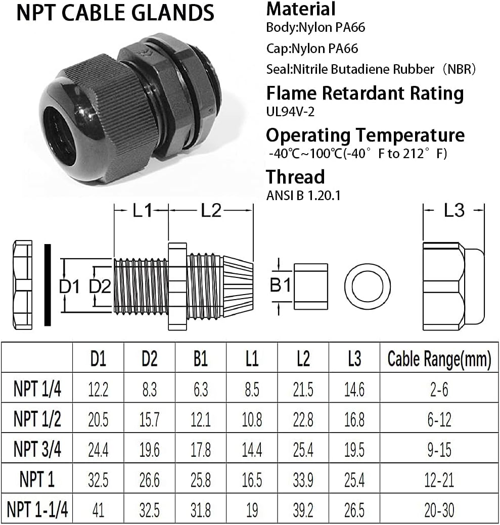 PENGLIN 8PCS Cable Glands 1" NPT Nylon Cable Connector Waterproof Long-lasting Tight Sealing,IP68 Waterproof Protection,Adapt to Heavy-duty Working Scenarios