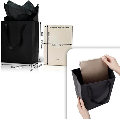 Aosric 3 Pack 8x5x10 In Black Gift Bags with Tissue Paper – Medium Sturdy & Reusable Boutique Gift Bags with Ribbon Handles for Party Favors, Wedding, Birthdays, Christmas and Holidays