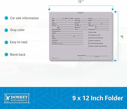 Printed Vehicle Deal Envelopes 9x12 Deal Jackets (100 shrink wrapped) (Gray)
