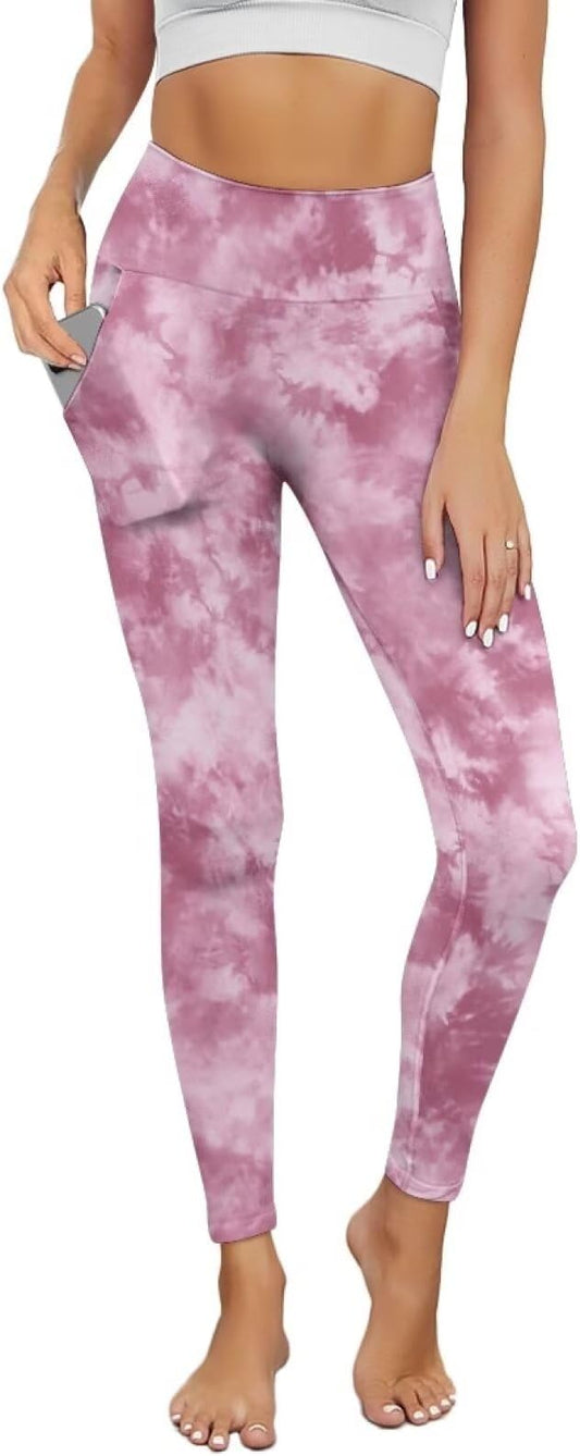 Leggings with Pockets for Women Tummy Control Workout Pants Tie Dye Leggings High Waisted Yoga Pant Gym Trousers