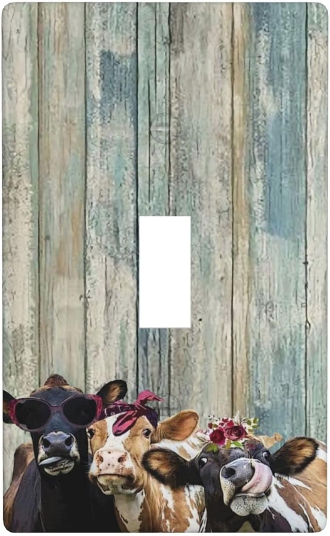 Rustic Board Farmhouse Cows 1 Gang Toggle Light Switch Plate Decorative Wall Plate Cover Decorative Wallplate Electrical Faceplate for Farm House Room Decor (Plastic)