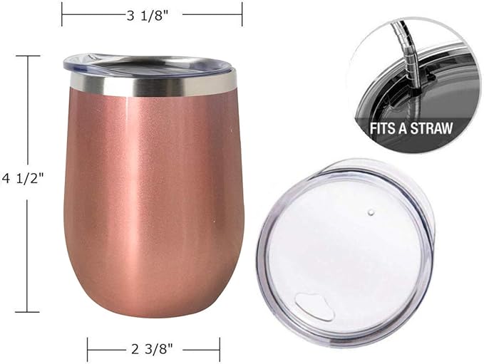 12oz Wine Mug Stainless Steel Tumbler Vacuum Double Wall Glass Stemless coffee Lid Gift Straw Travel Bottle Cocktail Large Walled Unbreakable Water Ice Champagne Cold Beer Drink (Rose Gold)