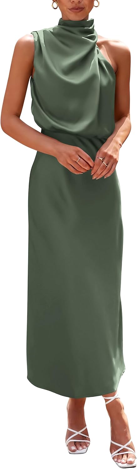 This sleeveless maxi dress features a mock neck design and an elegant satin material that's perfect for summer events and parties.