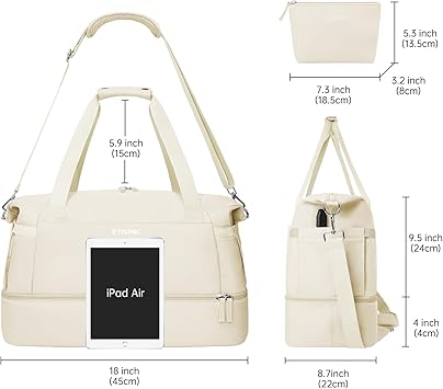 ETRONIK Gym Bag for Women, Personal Item Travel Bag with Shoes Compartment, Weekender Overnight Duffel Bag with Wet Pocket  USB Charging Port, Carry On Bag for Women, Travel, Gym, Weekend (Beige)