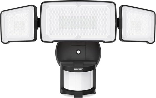 LEPOWER LED Motion Sensor Security Lights, 3 Head Motion Detected, 38W, 4200LM, Waterproof IP65, 5500K, Full Metal for Outdoor, Garage, Porch, Yard (Not Solar Powered, Black)