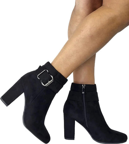 TOP Moda Womens Chunky High Heel Ankle Boots with Buckle