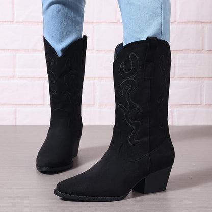 Bplangat Cowboy Boots for Women Cowgirl Mid Calf Western Style Embroidery Stitched Low Chunky Heel Ladies Fashion Boots, US Size 5-11.