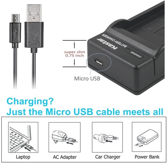 Kastar Slim USB Charger for Sony Cybershot DSC-HX5V, DSC-HX9V, DSC-W30, DSC-W35, DSC-W50, DSC-W55, DSC-W70, DSC-W80, DSC-W290, DSC-H10, H20, H50, H55, H70, H90 Camera Battery More Cameras