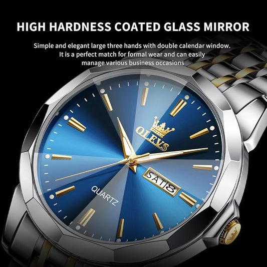 OLEVS Watch for Men Diamond Business Dress Analog Quartz Stainless Steel Waterproof Luminous Date Two Tone Luxury Casual Wrist Watch