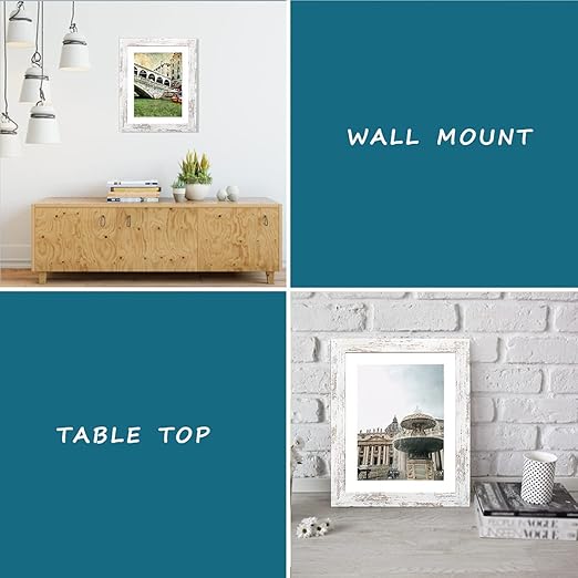 Capcillin 8x10 Picture Frame Wood Patten Distressed White Set of 2, Each Frame with Mat,Display 8x10 Picture Without mat or 5x7 Photos with Mat Wall Decor Table Top(CP001-MD8x10RW)