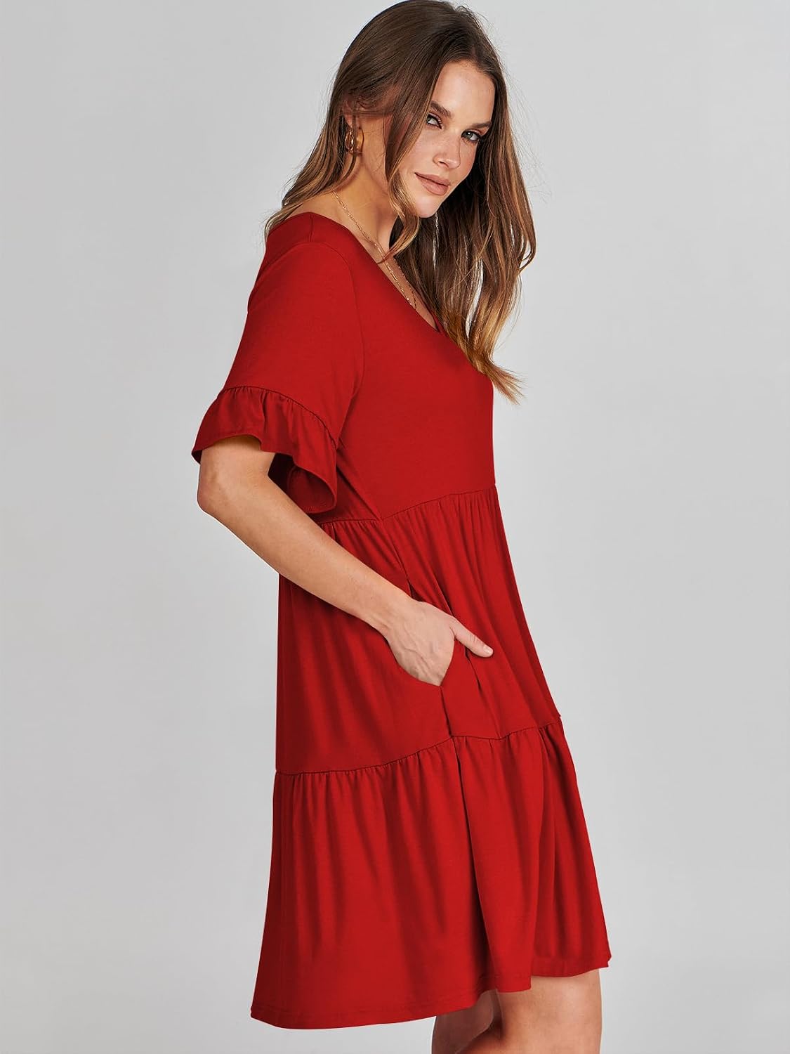 ANRABESS Dresses for Women Summer 2026 V Neck Ruffle Sleeve A Line Tiered Flowy Casual Trendy Mini Beach Dress with Pockets