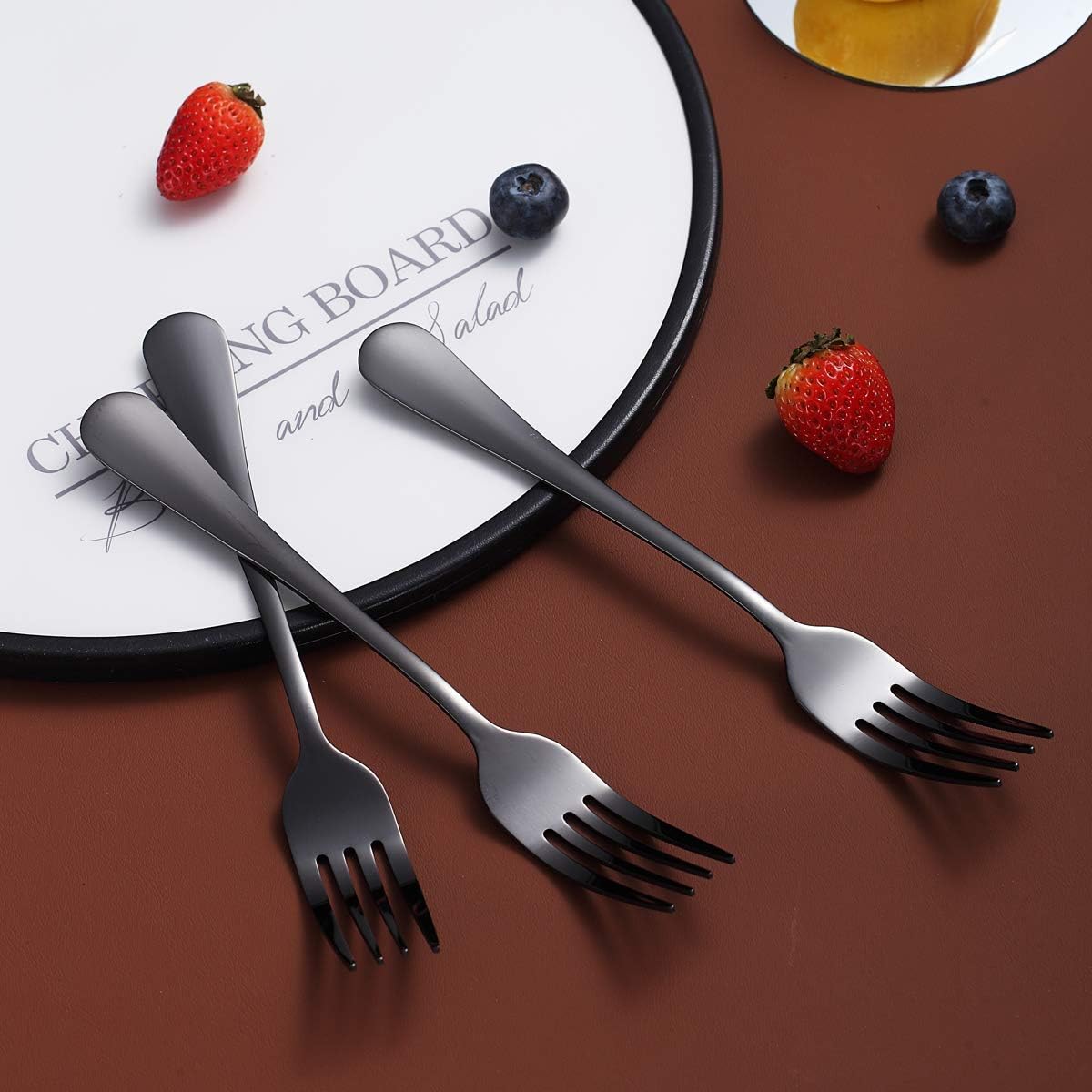 Black Dinner Forks of 4, Berglander 7.9" Stainless Steel Titanium Shiny Black Plating Fork Set, Forks And Spoons Silverware, Table Forks Set Sturdy And Dishwasher Safe