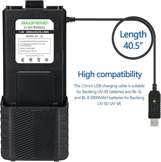 BL-5 3800mAh Extended Battery Walkie Talkie UV-5R BF-8HP UV-5RX3 RD-5R UV-5RTP UV-5R MK2 MK3X MK5 Plus Series Two Way Radios (UV-5R 3800USB Charging Cable)